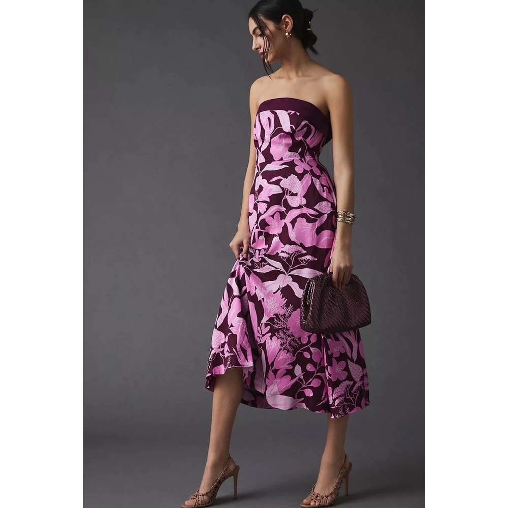 J. Faulkner Maeve Anthropologie Strapless Floral Midi Dress S Fit&FlareTropical